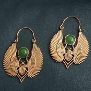 NEW Golden & Green Egyptian Retro Antique Style Moth Statement Earrings